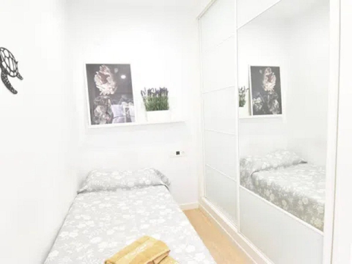 A tidy bedroom with a single bed, a framed picture on the wall, and a large mirrored closet.