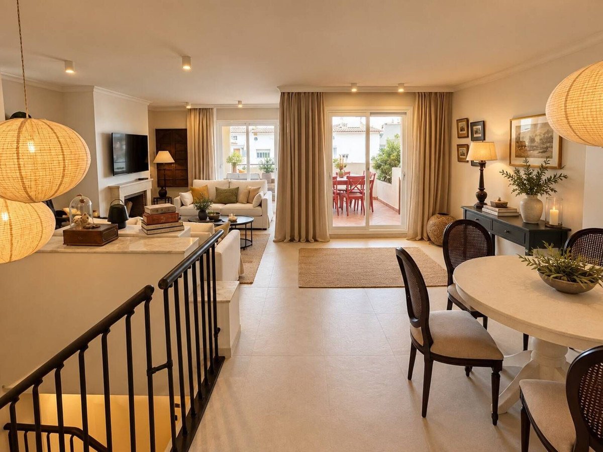 Spacious living and dining area with a view of a furnished terrace, featuring comfortable seating and elegant decor.