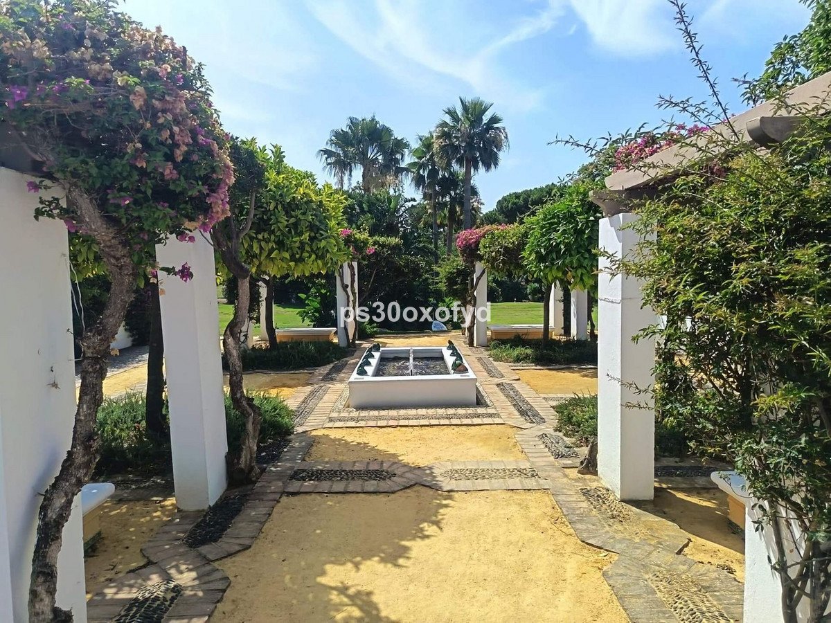 A serene garden with a central fountain, surrounded by lush greenery, flowering plants, palm trees, and white pillars.