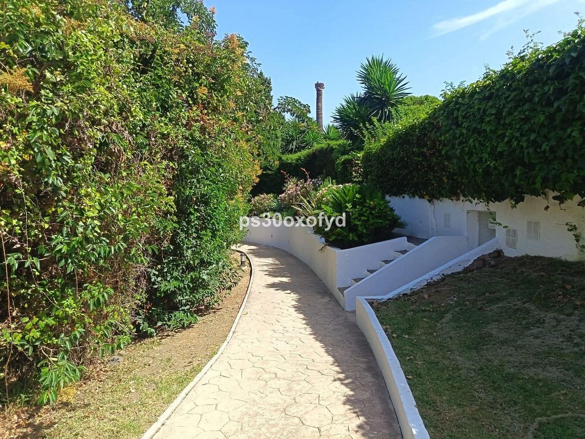 A paved pathway curves through a lush garden leading to a white-painted entrance with stairs and greenery.