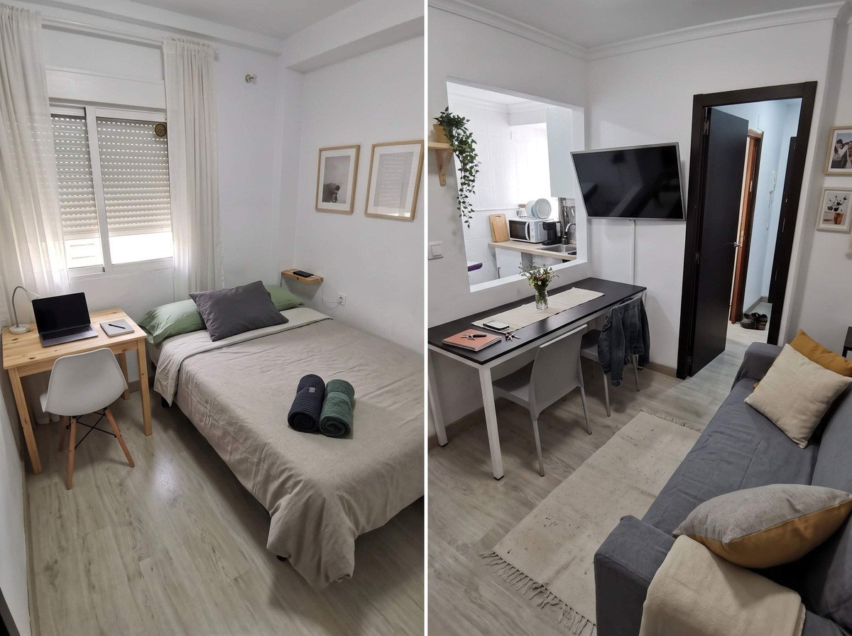 A studio apartment with a single bed, desk, dining area, and kitchenette. Modern and compact living space.