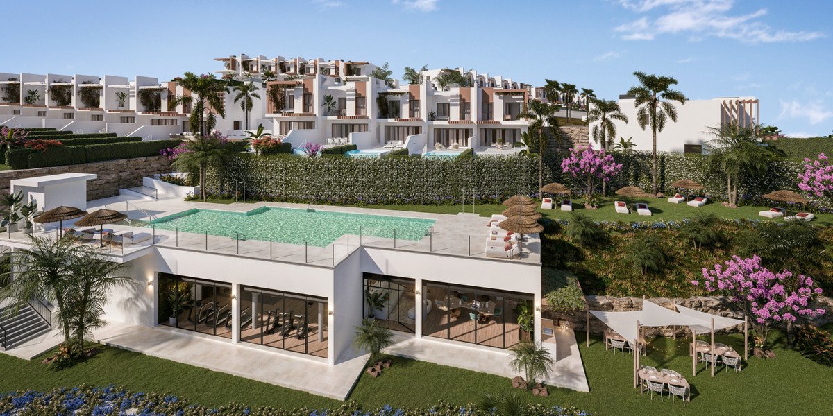 Vilas brancas modernas com piscina, jardins e palmeiras sob céu azul claro.