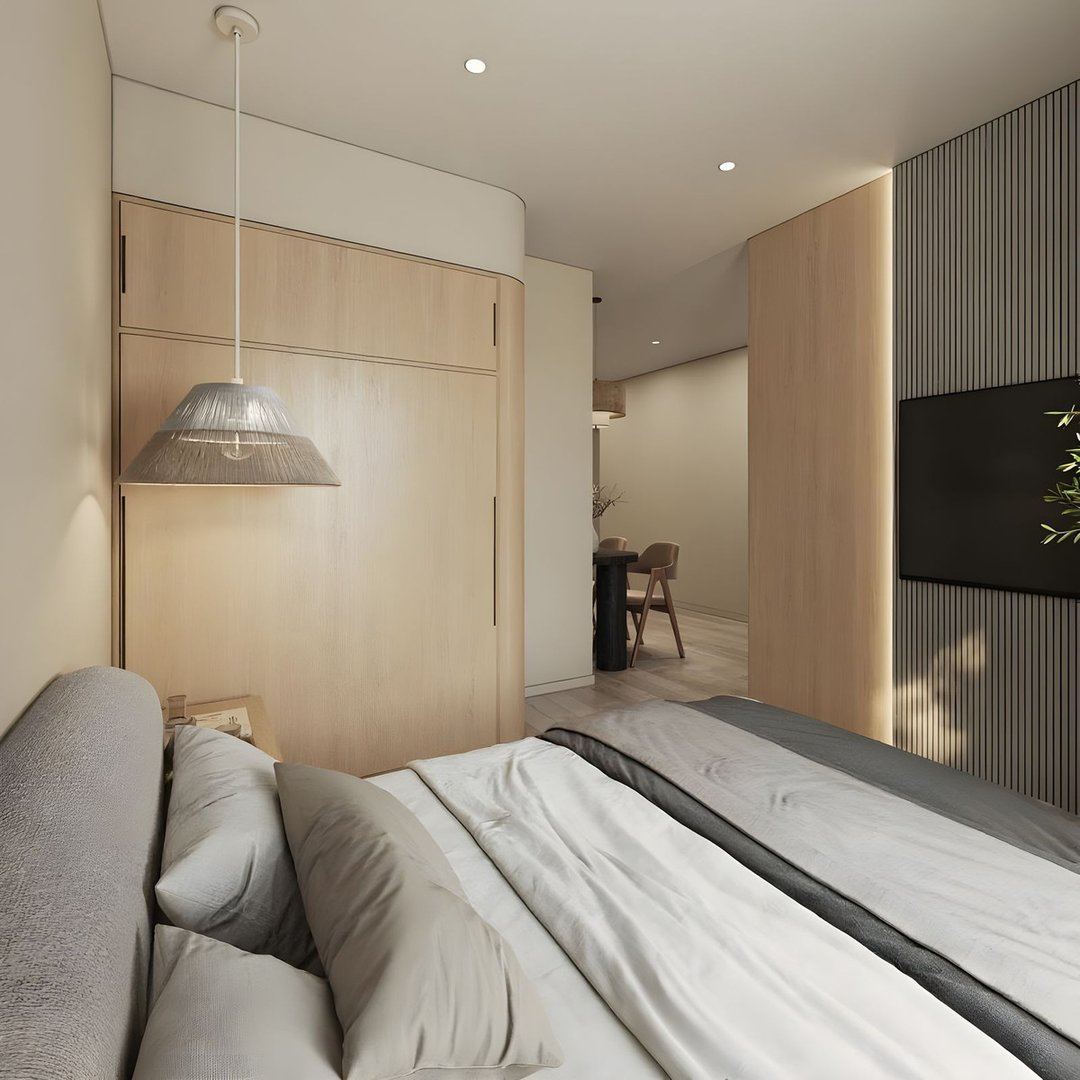 Modern bedroom with a large bed, wooden wardrobe, and minimalist decor.