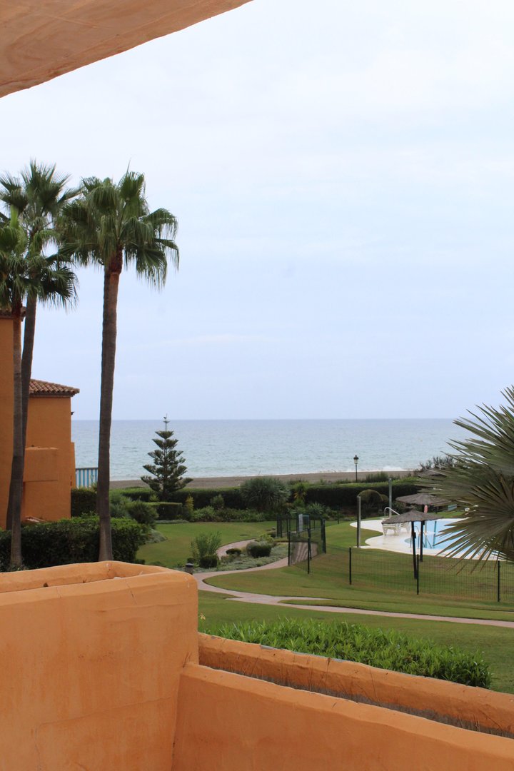 View from a balcony overlooking a swimming pool, palm trees, and the sea in the distance.