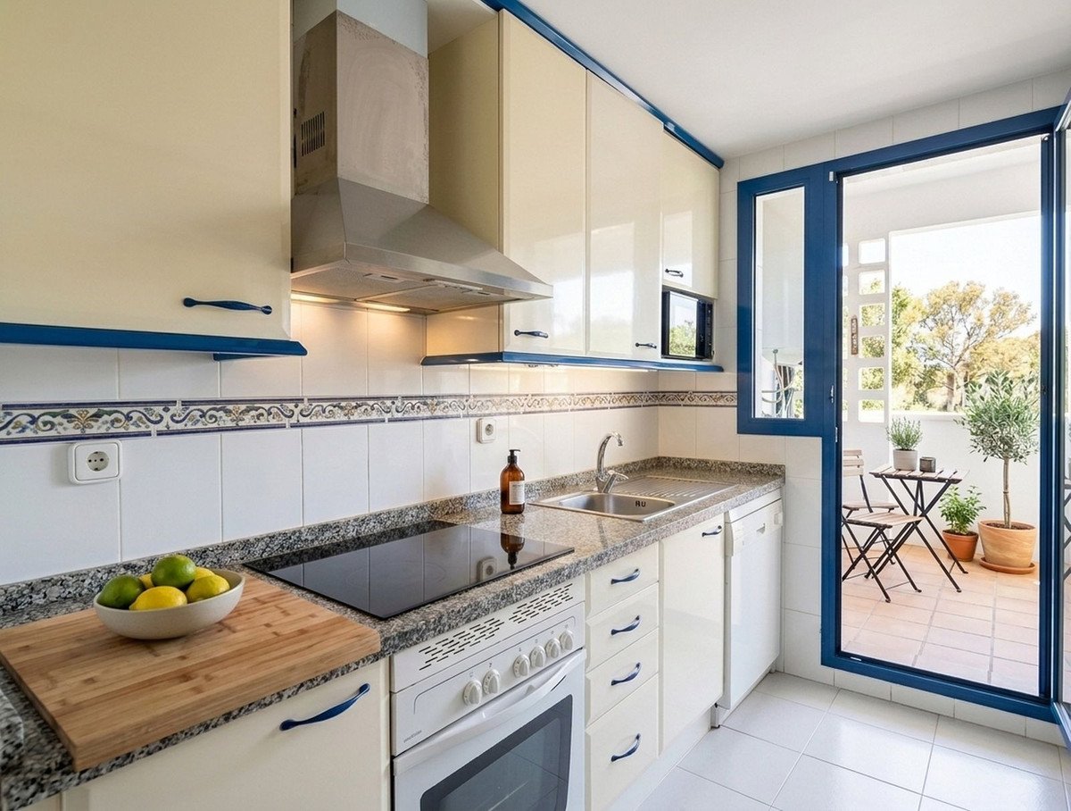 Modern kitchen with cream cabinets, granite countertops, and a door leading to a balcony with seating and trees.