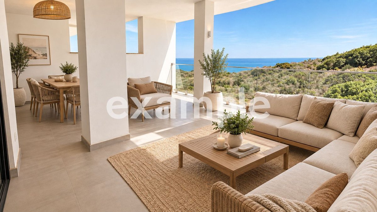 Spacious covered terrace with dining and living areas, offering stunning panoramic views of the sea and lush green landscape.