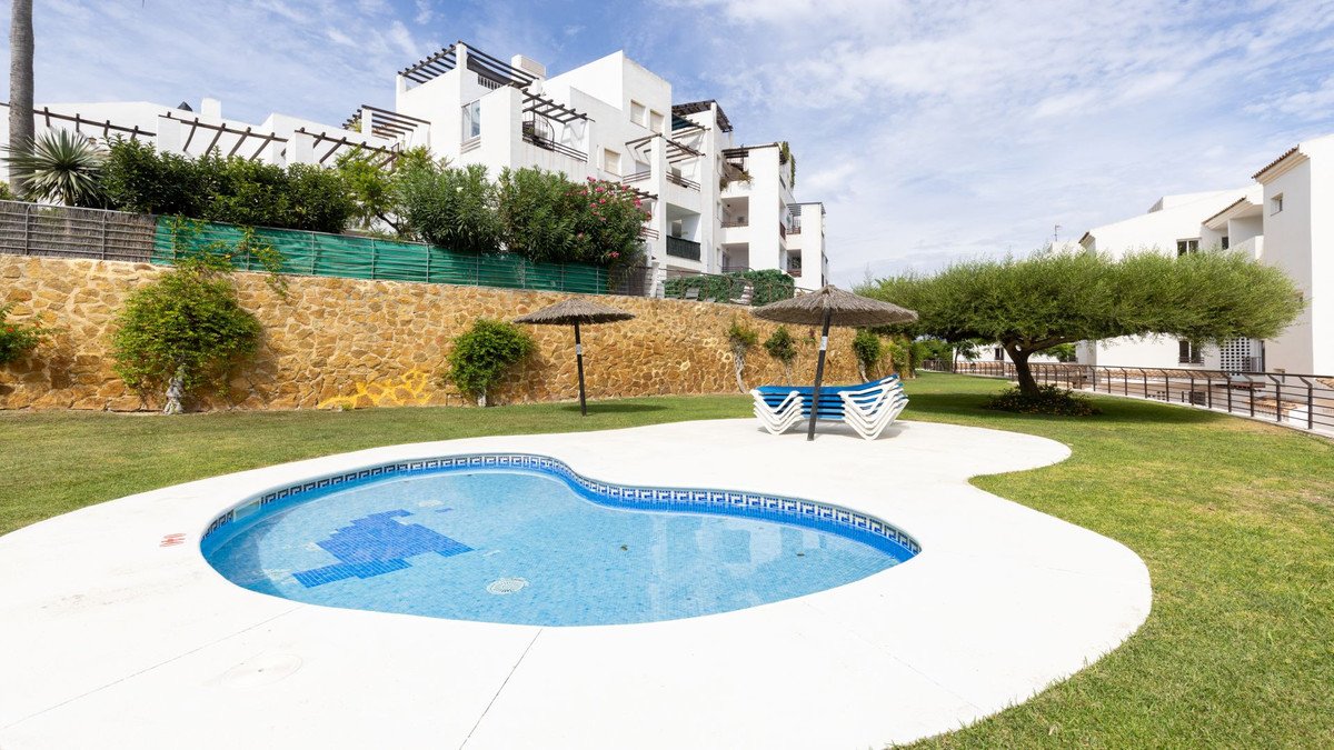 A kidney-shaped swimming pool with a tiled bottom and white border, surrounded by green grass and lounge chairs with umbrellas.
