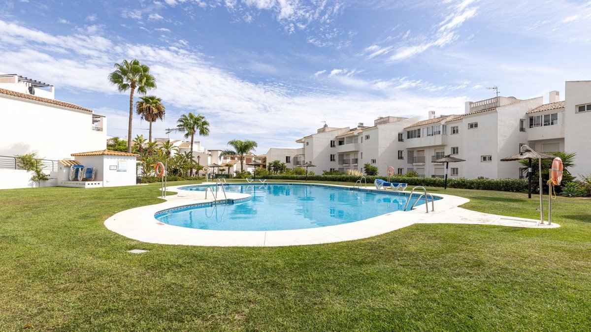 A large, blue swimming pool surrounded by green grass and palm trees, with white apartment buildings in the background.