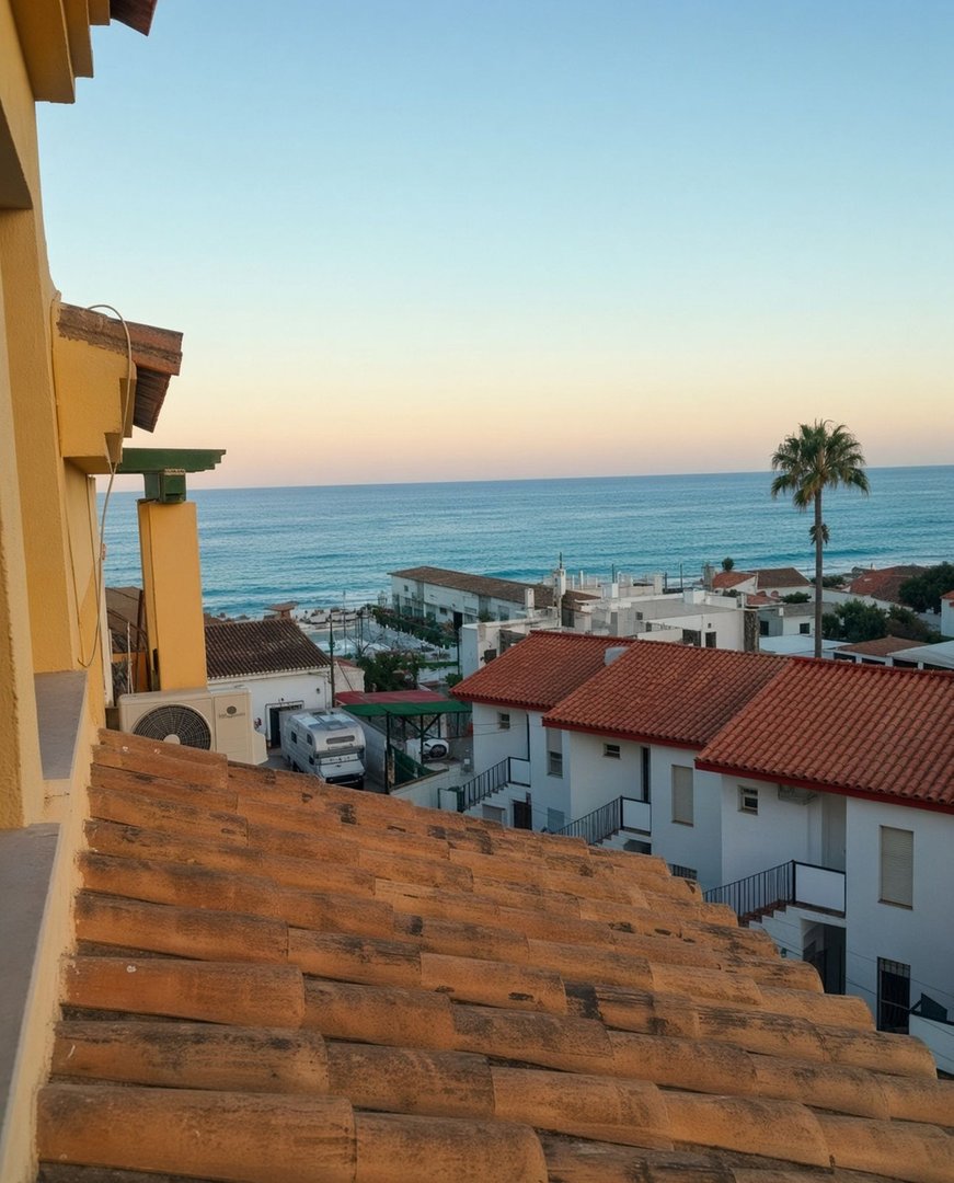 View from a balcony overlooking rooftops, the sea, and a palm tree at sunset.