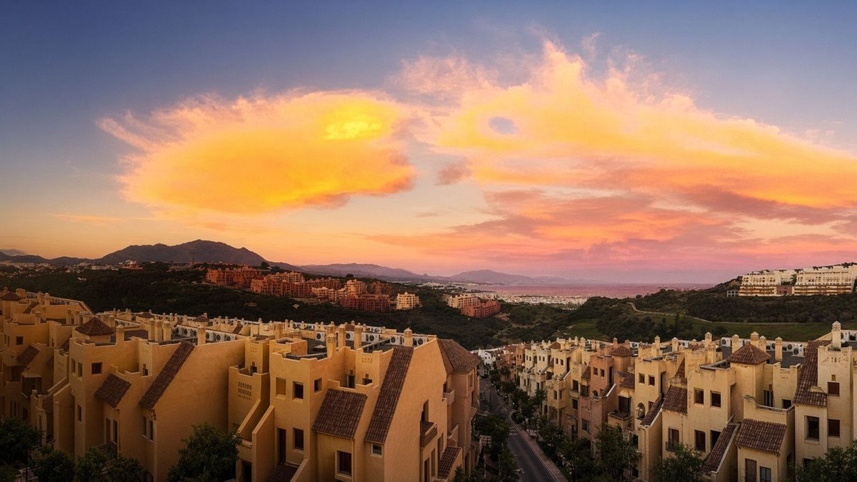 Townhouses with a view of mountains and the sea at sunset, under a dramatic orange and pink sky.