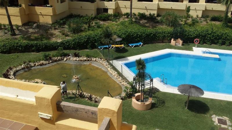 Apartment complex with a large blue swimming pool, a decorative pond with fountain, sun loungers, and lush green gardens.