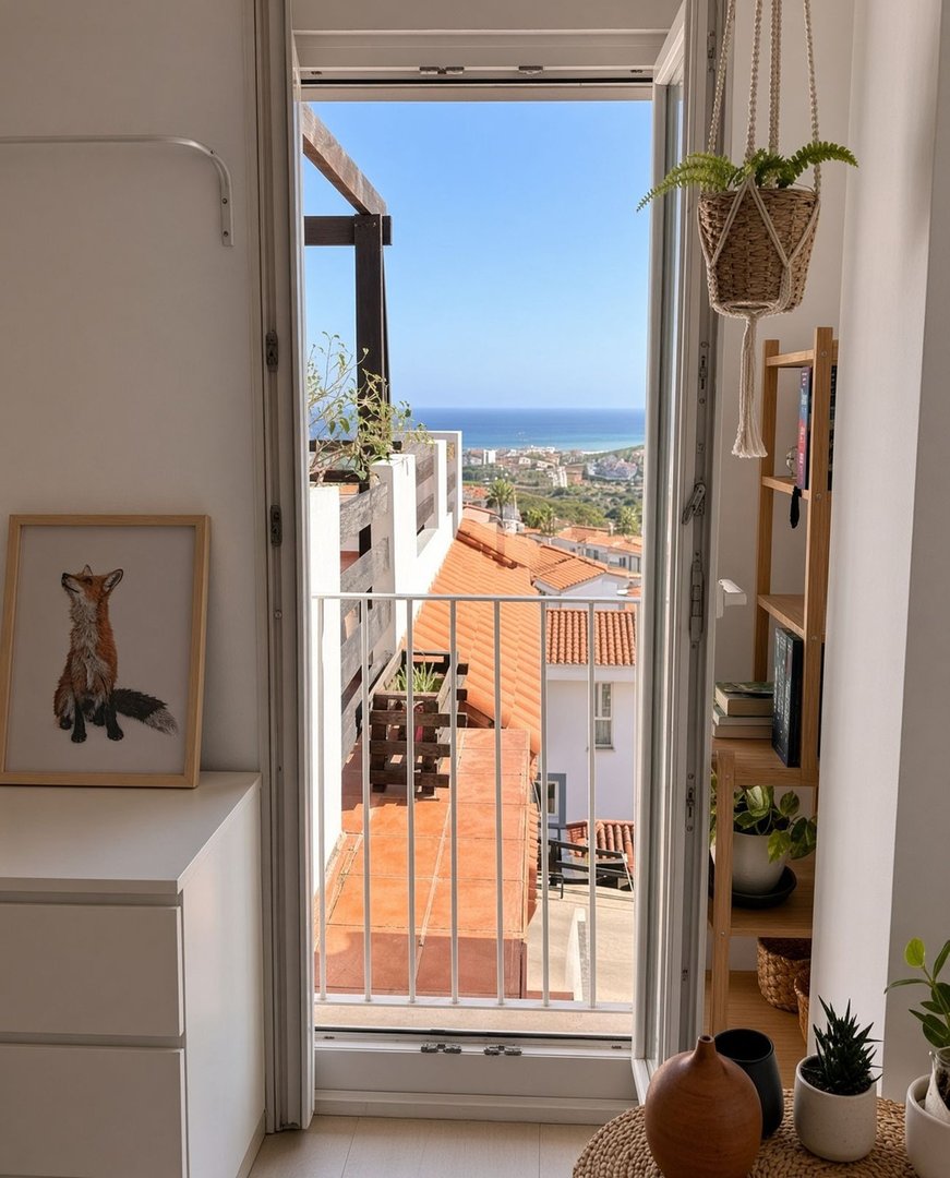 View from an indoor room with a balcony, showcasing the sea and coastal town, with potted plants and decorative items.
