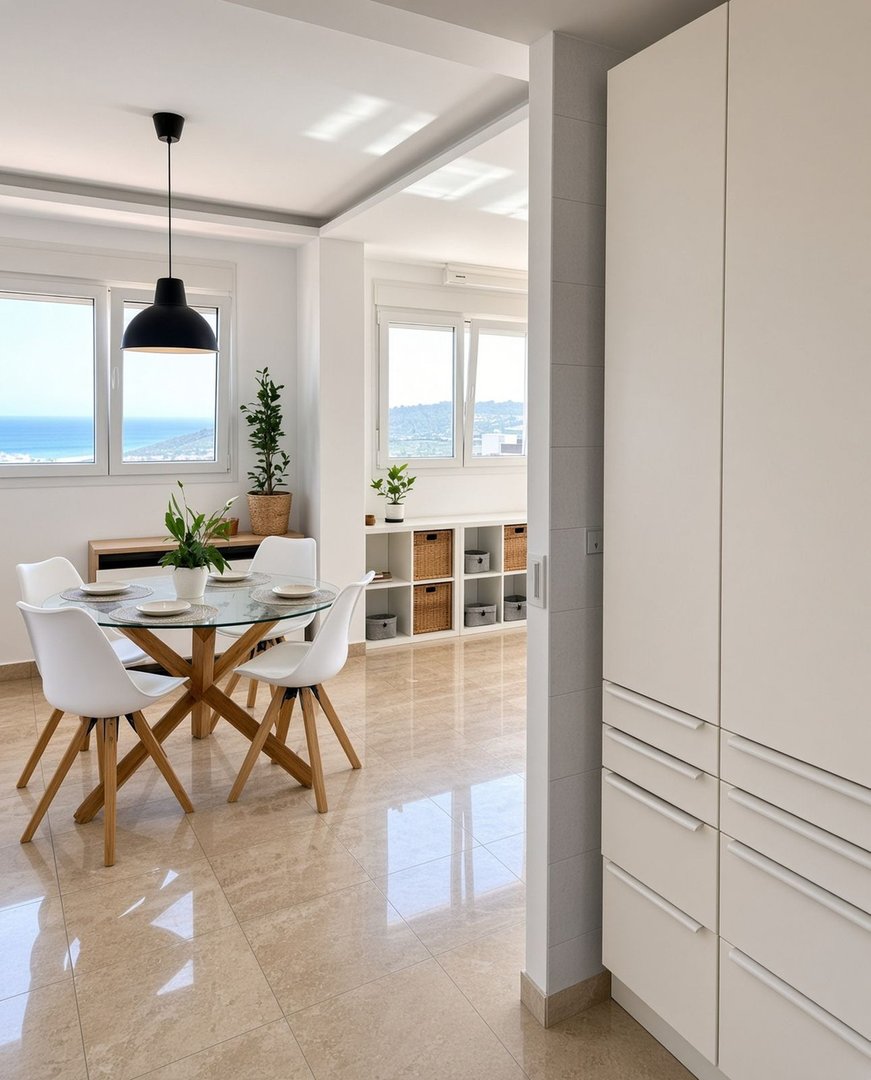 Modern dining area with a glass table and white chairs, offering a beautiful sea view through the windows.