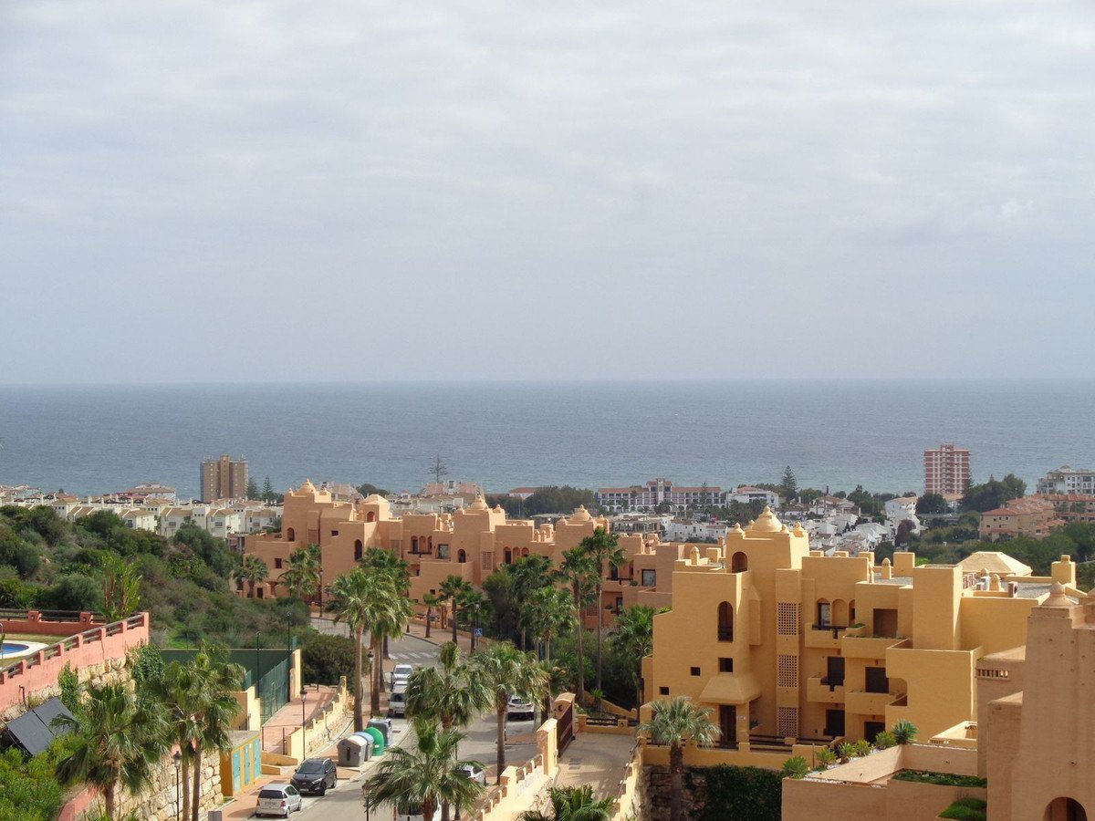 View of the sea and coastline from a property with palm trees and residential buildings.