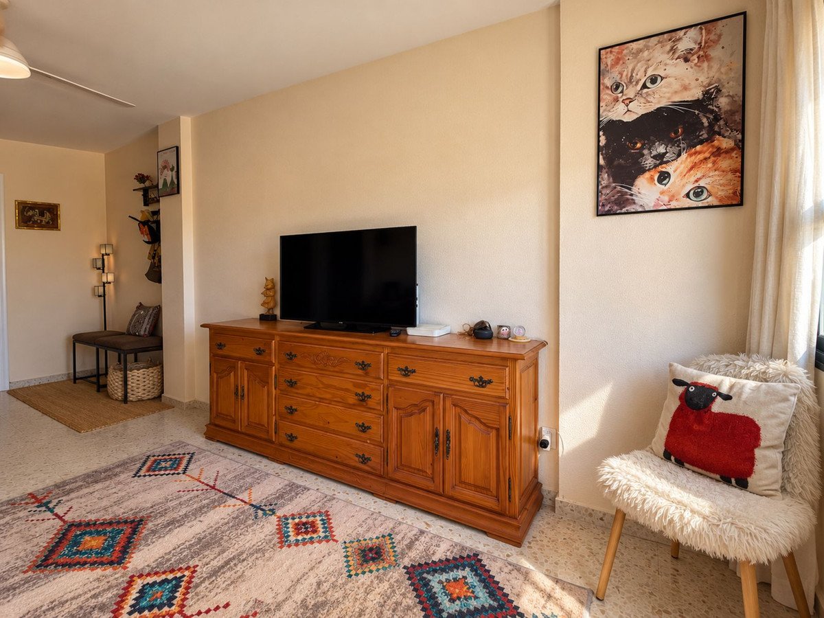 A living room with a television on a wooden dresser, a cat-themed artwork, and a plush chair with a sheep pillow.