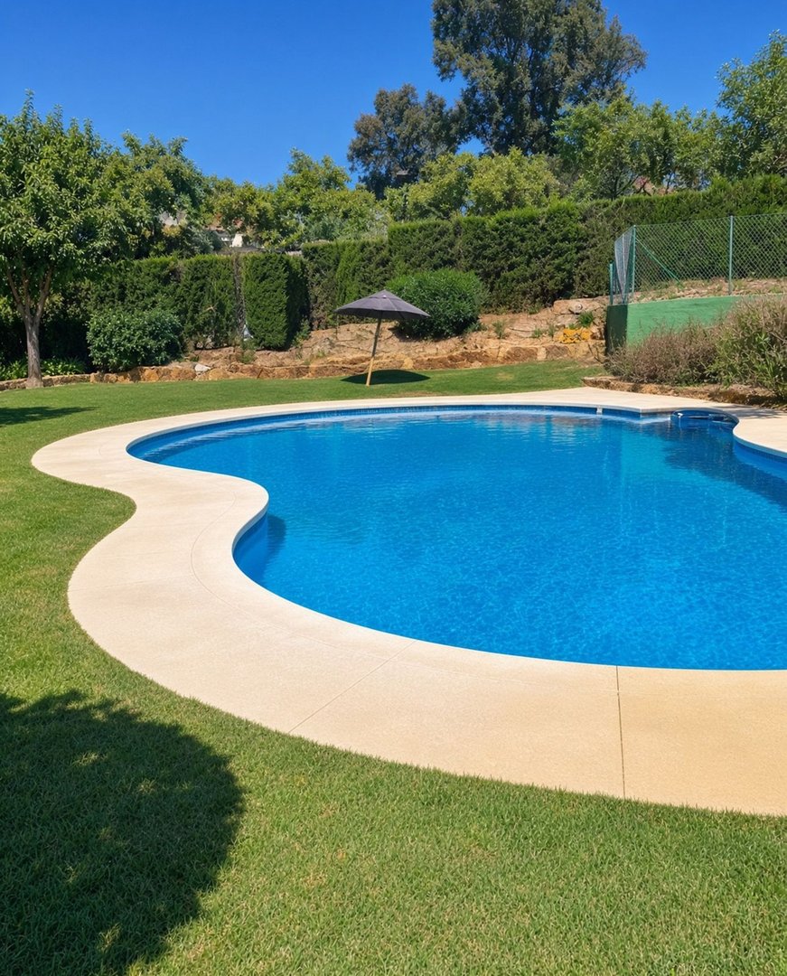 Beautifully maintained outdoor swimming pool surrounded by lush green grass and trees, with a tennis court in the background.