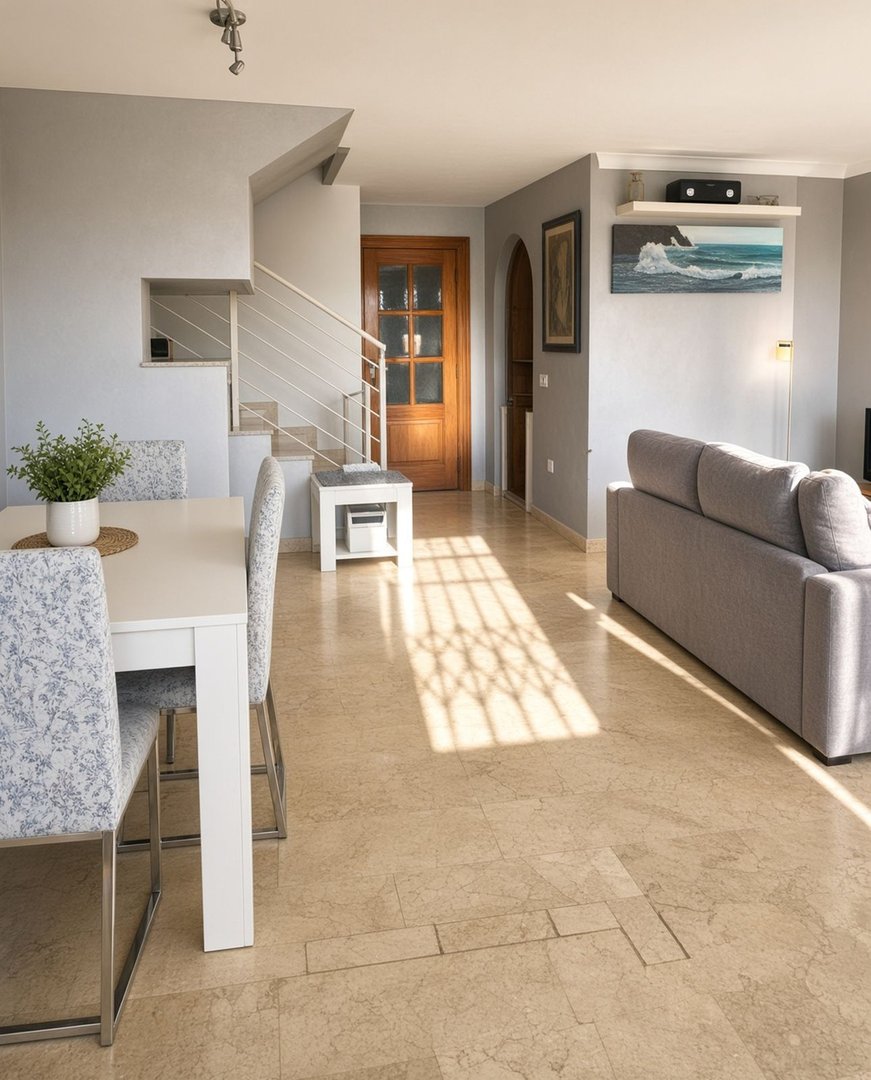 Sunlit living and dining area with a grey sofa, dining table, chairs, and stairs leading upwards.