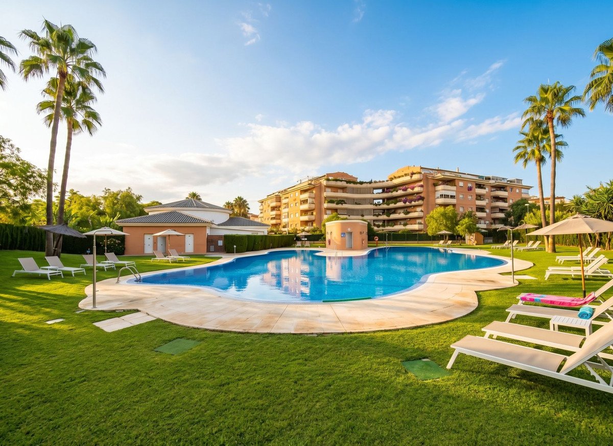Swimming pool with lounge chairs, green lawn, and palm trees near apartment building