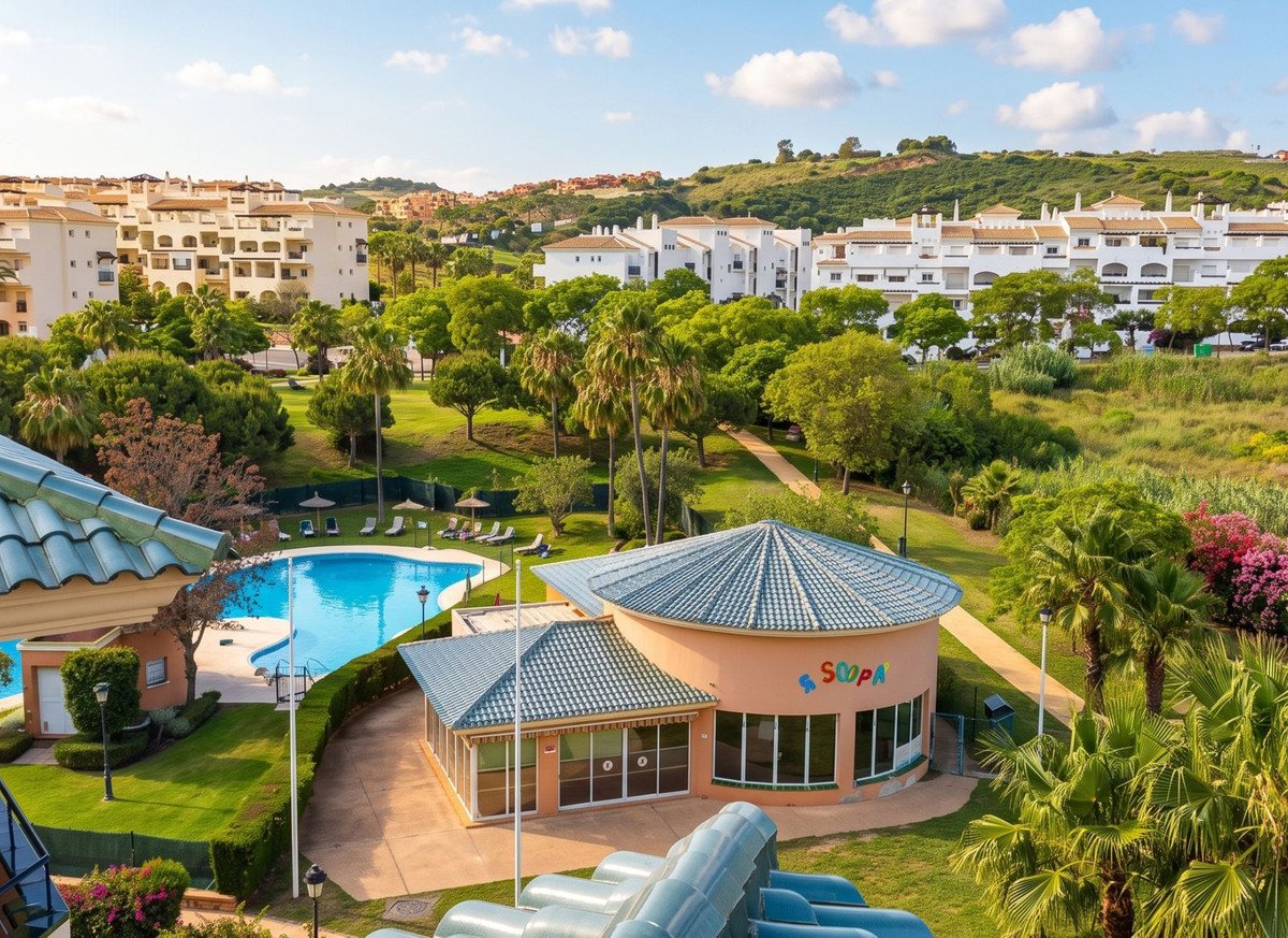 Resort pool area with lush greenery and apartment buildings in background