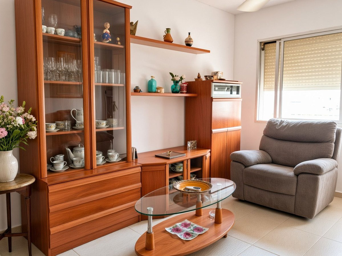 A living room with a large wooden display cabinet, a comfortable recliner chair, and a glass coffee table.