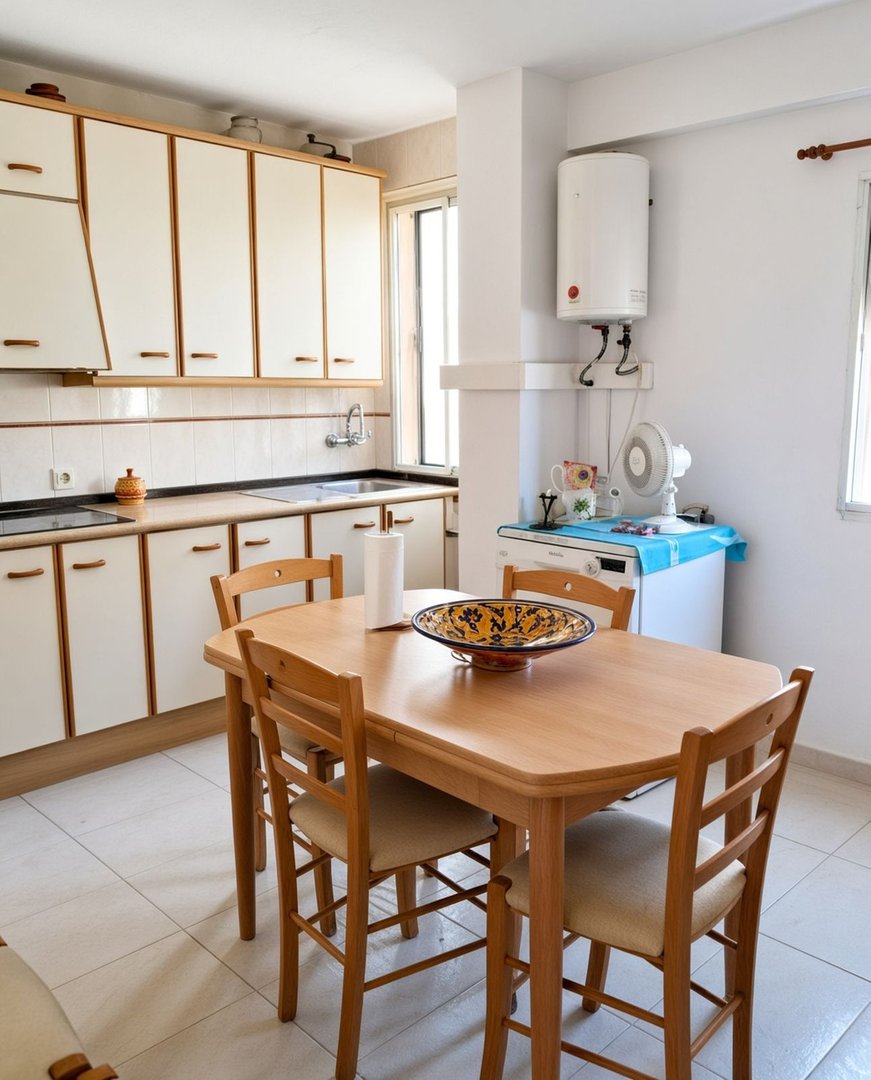 A bright kitchen and dining area with a wooden table, chairs, and white cabinets. Includes a water heater and a fan.