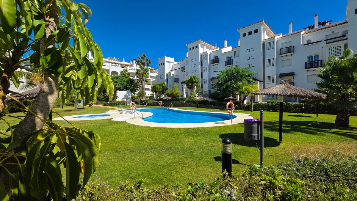 A bright sunny day showing a swimming pool and well-maintained gardens with apartment buildings in the background.
