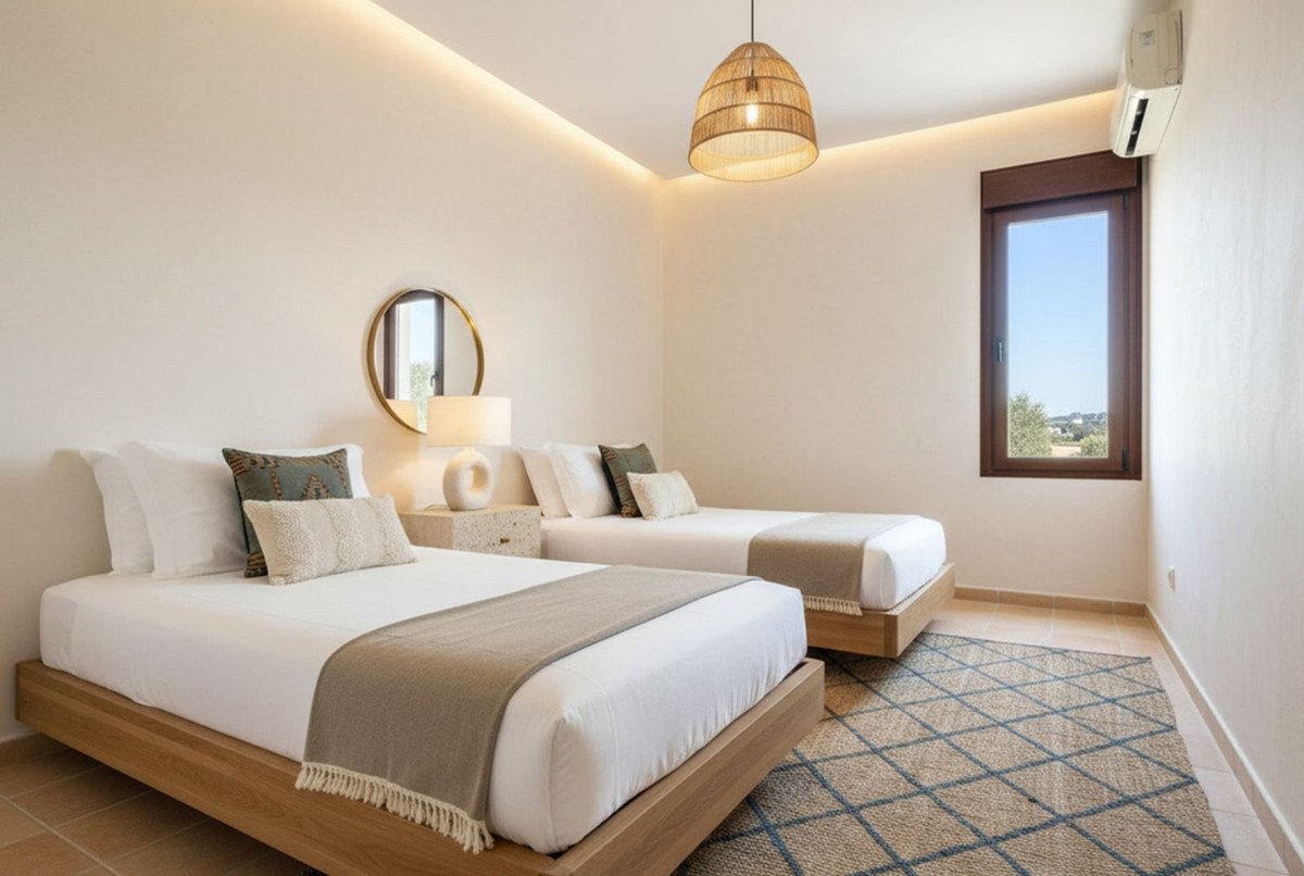 Modern bedroom with two beds, wooden frames, and a view of greenery through a window.