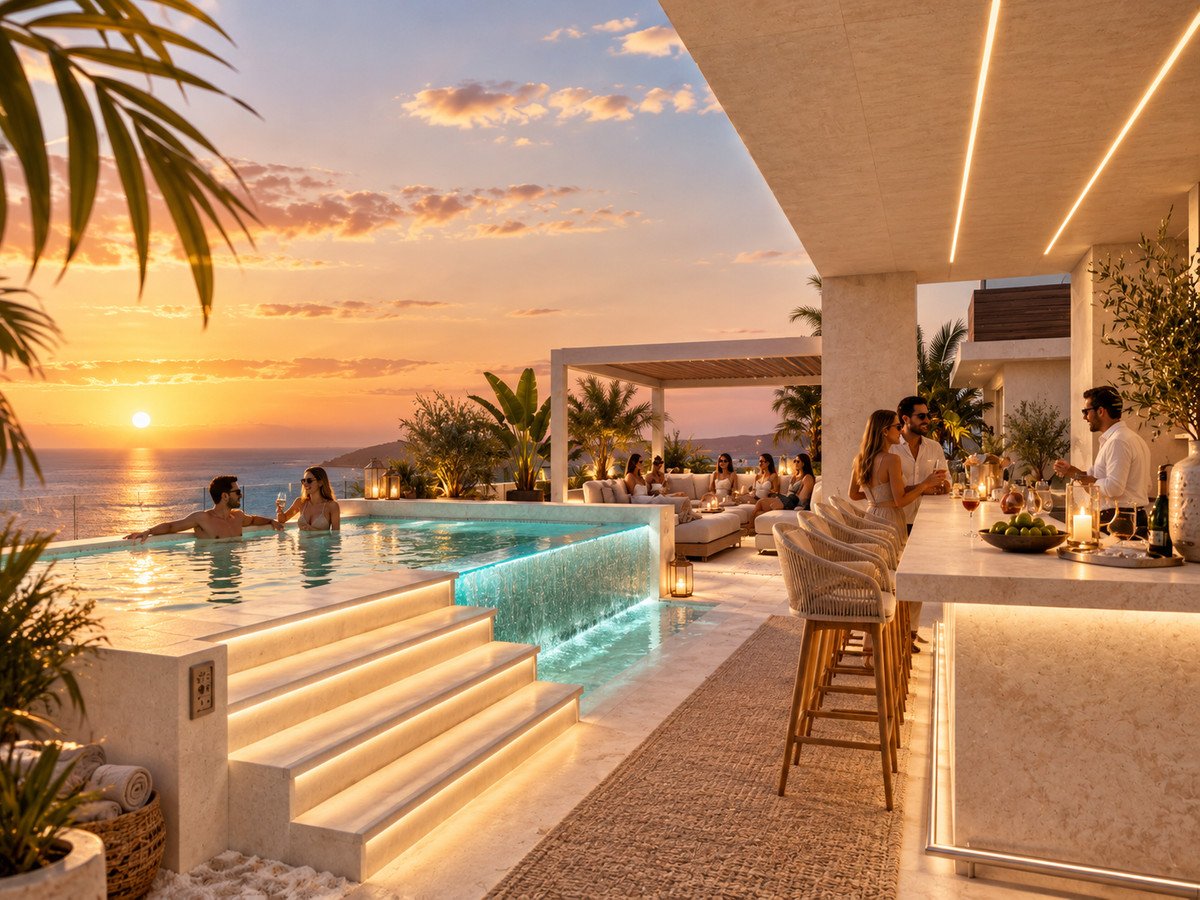 Luxurious infinity pool and bar overlooking the ocean at sunset with people enjoying drinks and the view.