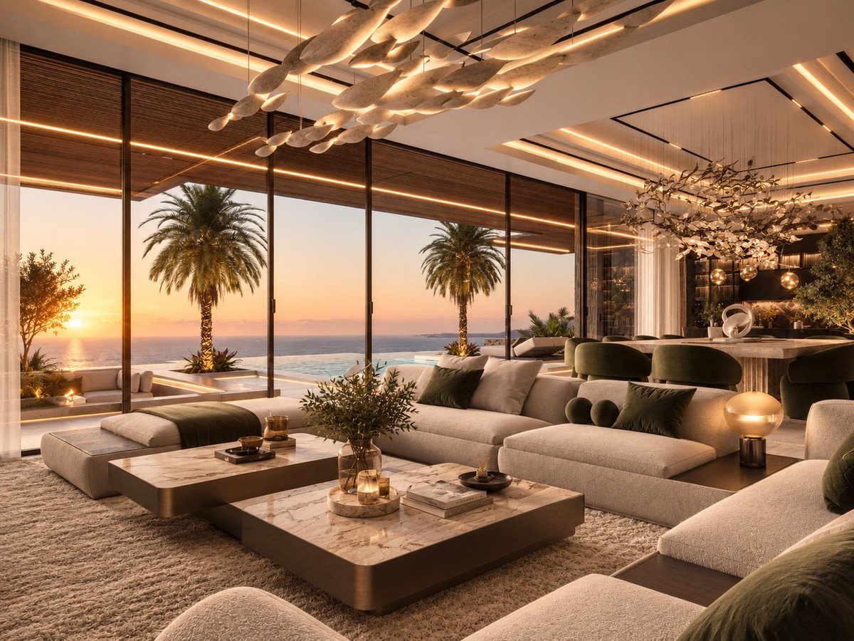 Luxurious living room with a large sectional sofa and coffee tables, featuring a stunning ocean view with palm trees and sunset.