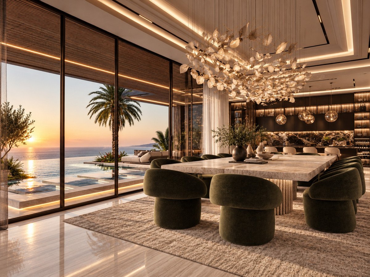 Luxurious dining room with ocean view, infinity pool, palm trees, and elegant chandelier at sunset.