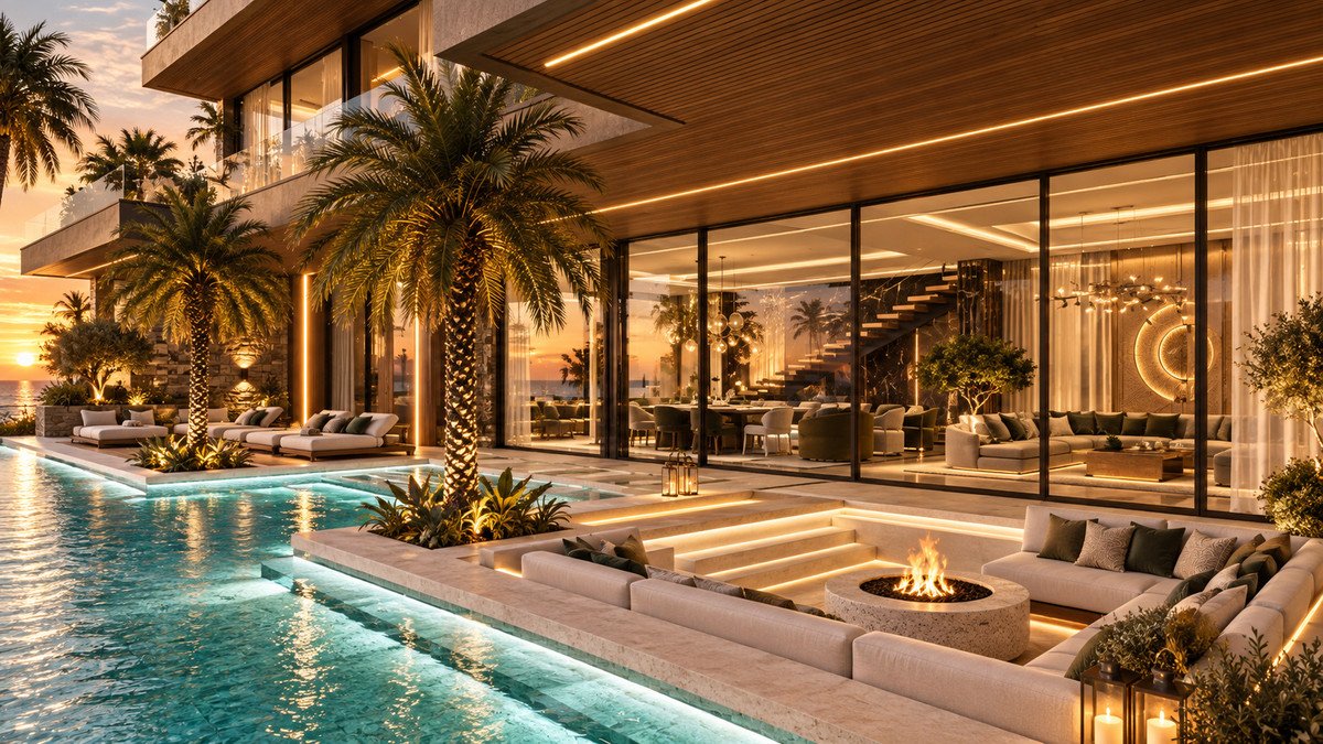 Luxurious modern villa with infinity pool, outdoor lounge area with fire pit, and ocean sunset view.