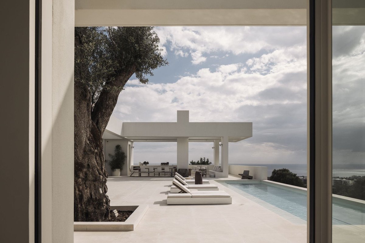 Modern patio with sun loungers, an infinity pool, and a distant sea view, featuring a large olive tree.