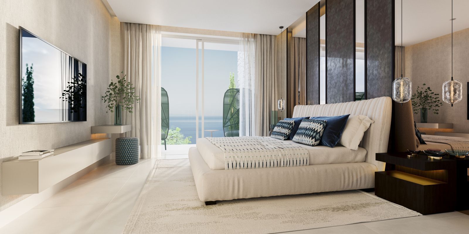 Luxe slaapkamer met uitzicht op zee in Marbella, Spanje