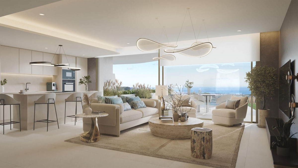 Moderne appartement met open plattegrond en uitzicht op zee