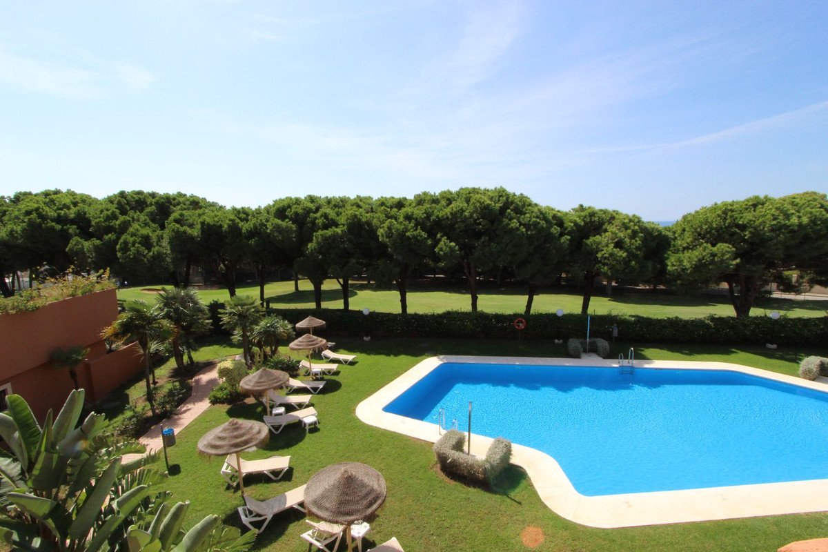 A bright blue swimming pool and sun loungers are set in a grassy garden with lush green trees in the background.