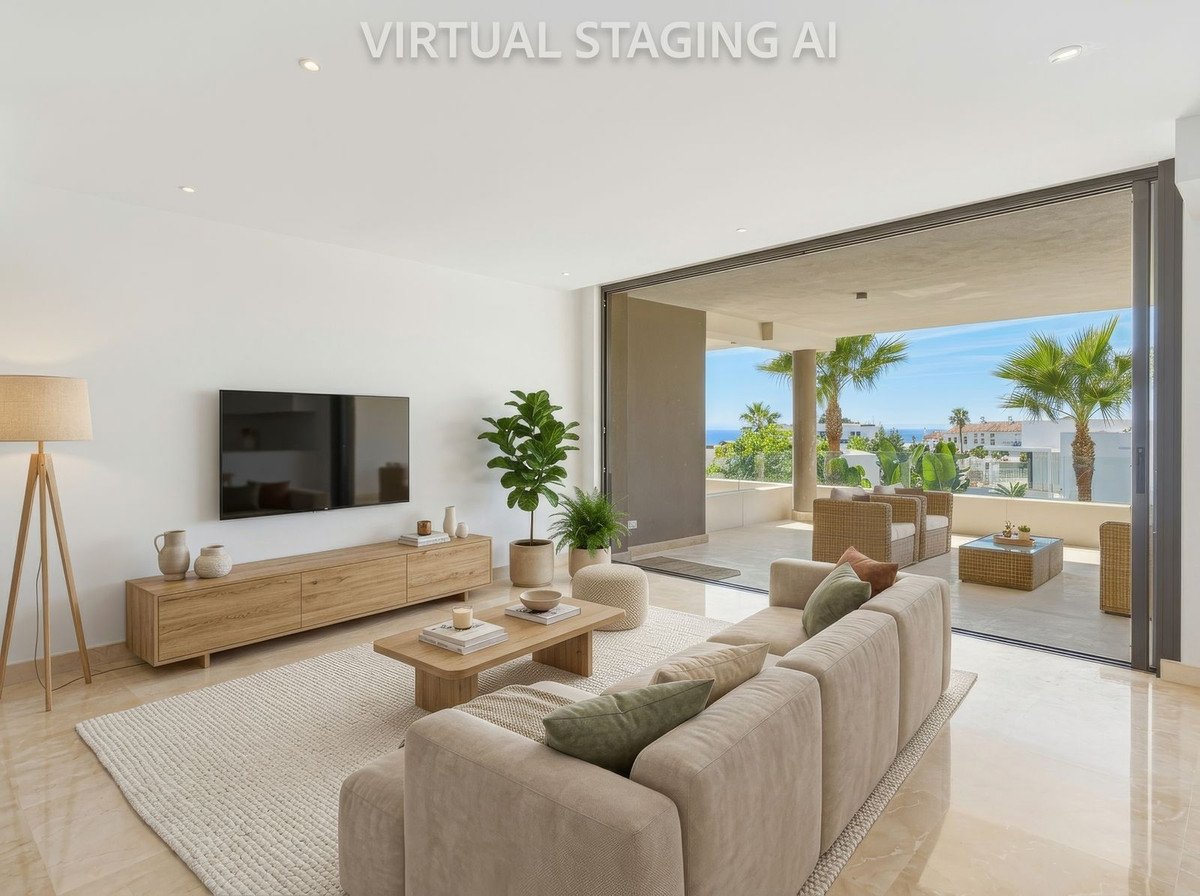 A modern living room with a large sectional sofa, coffee table, and TV, opening to a terrace with ocean and palm tree views.