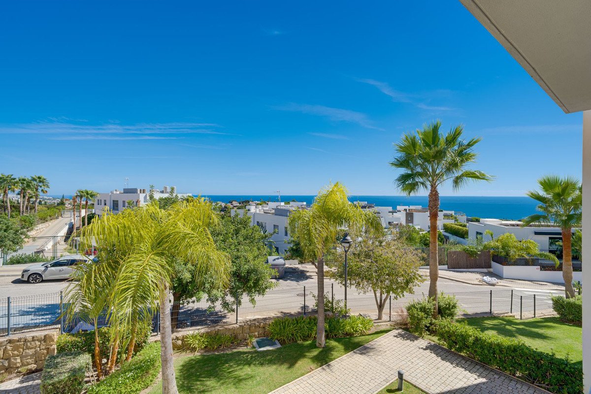 View from a balcony overlooking the sea, with palm trees and modern white buildings in a sunny, tropical setting.