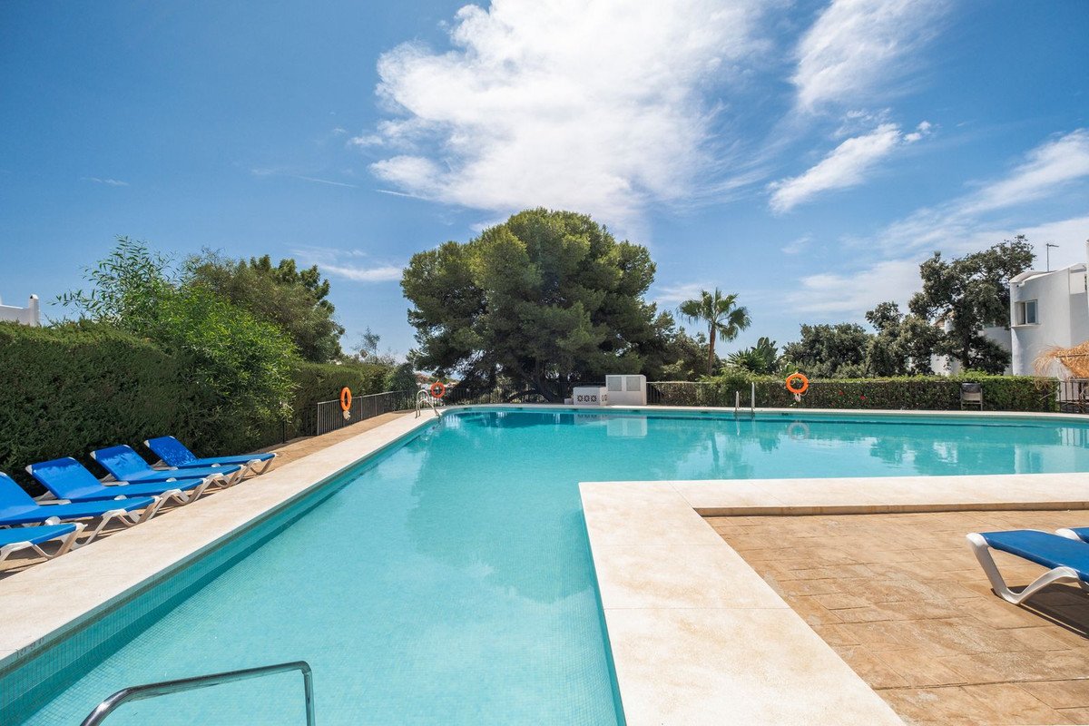A long, bright blue swimming pool with blue loungers and lush green trees under a cloudy sky.