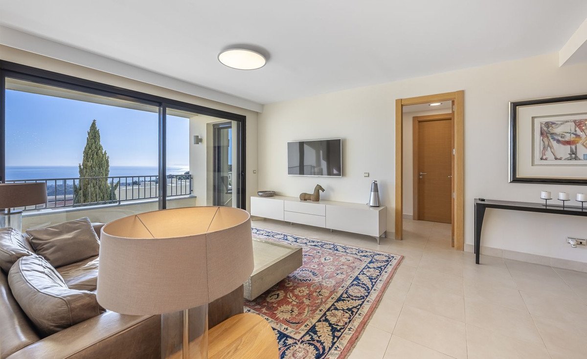 Modern living room with ocean view, leather sofa, rug, and large windows.