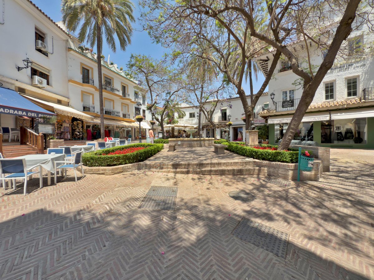 A sunny plaza with white buildings, palm trees, and outdoor seating.