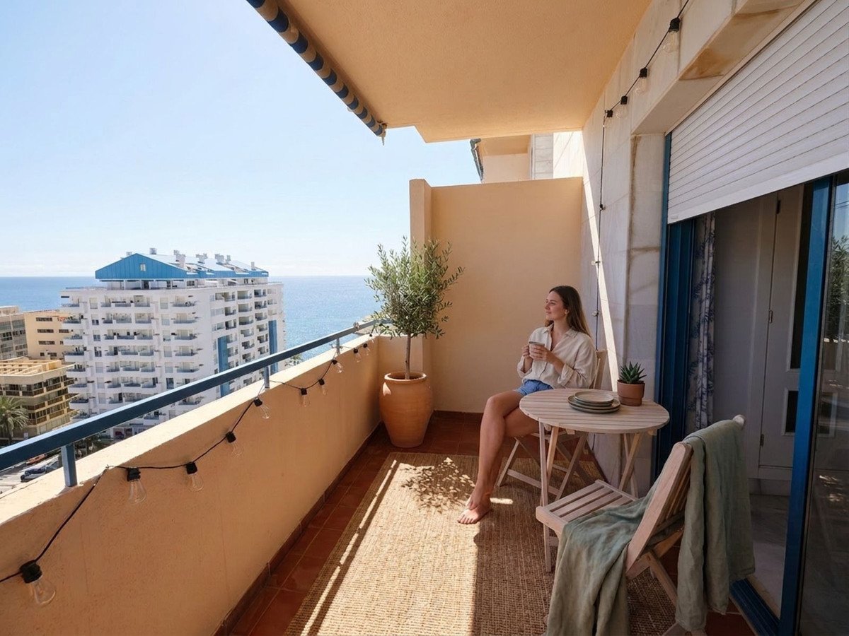 Balcony with sea view, string lights, potted plant, and woman enjoying coffee.
