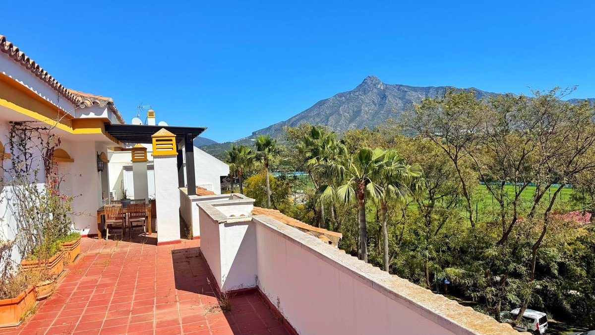 Terrace with mountain and palm tree views, outdoor dining area visible.
