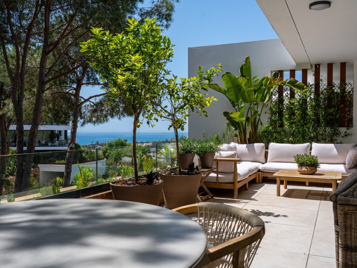 Balcony with seating area, plants, and ocean view