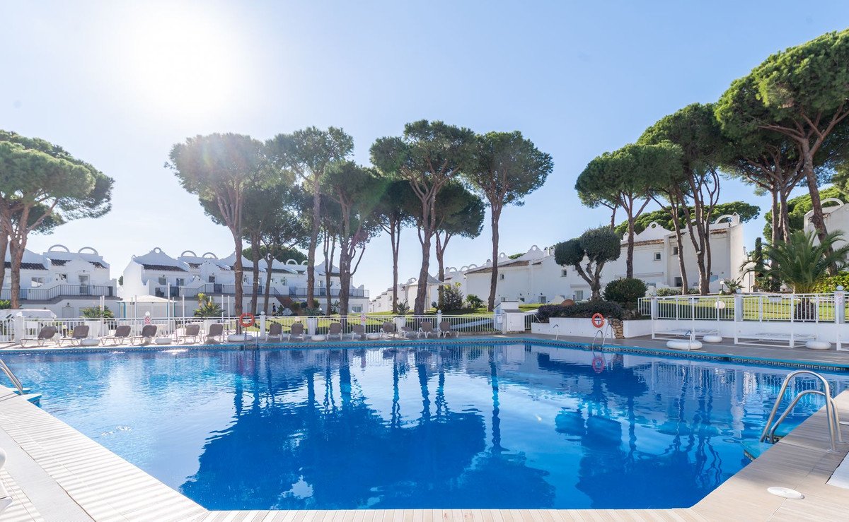 A bright sunny day shows a large blue swimming pool with loungers and white buildings and trees in the background.