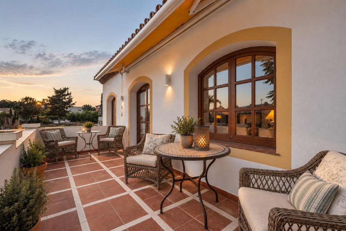 Terrace with rattan seating and a mosaic table, overlooking trees and the sunset.