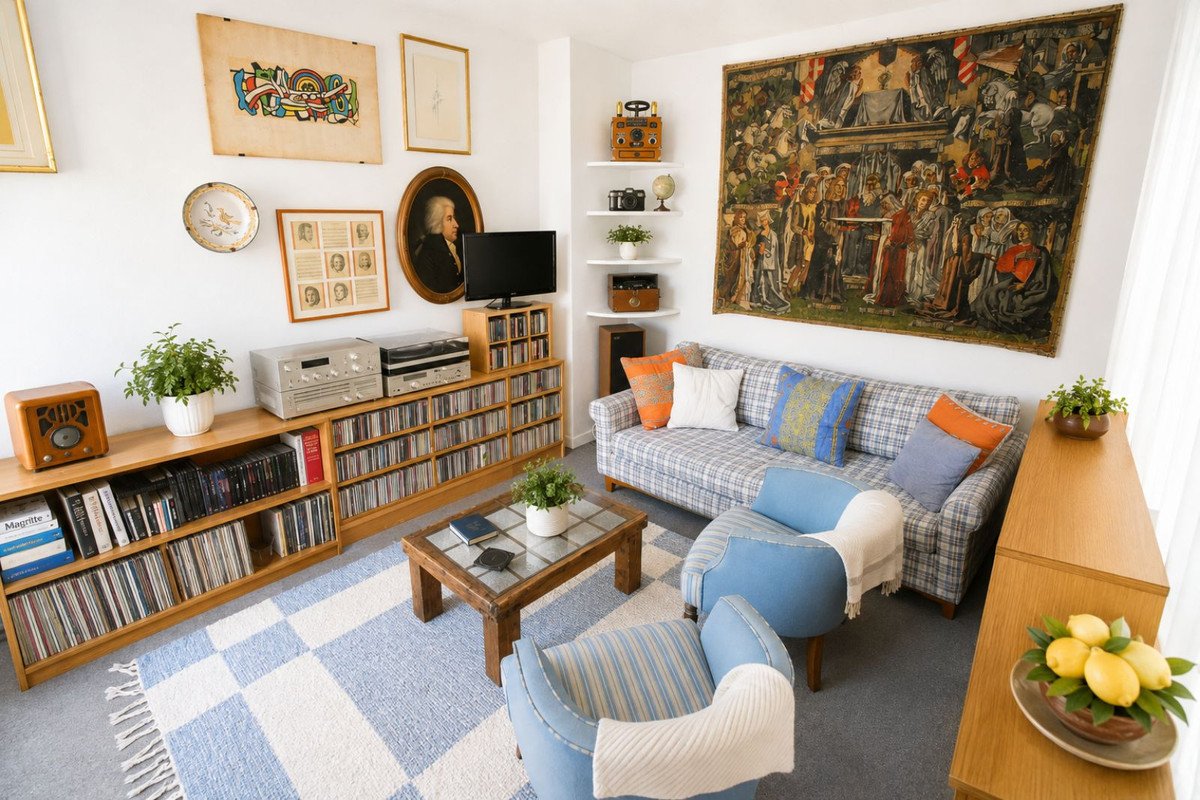A living room featuring a plaid sofa, blue armchairs, extensive bookshelves, a coffee table, and a large tapestry on the wall.