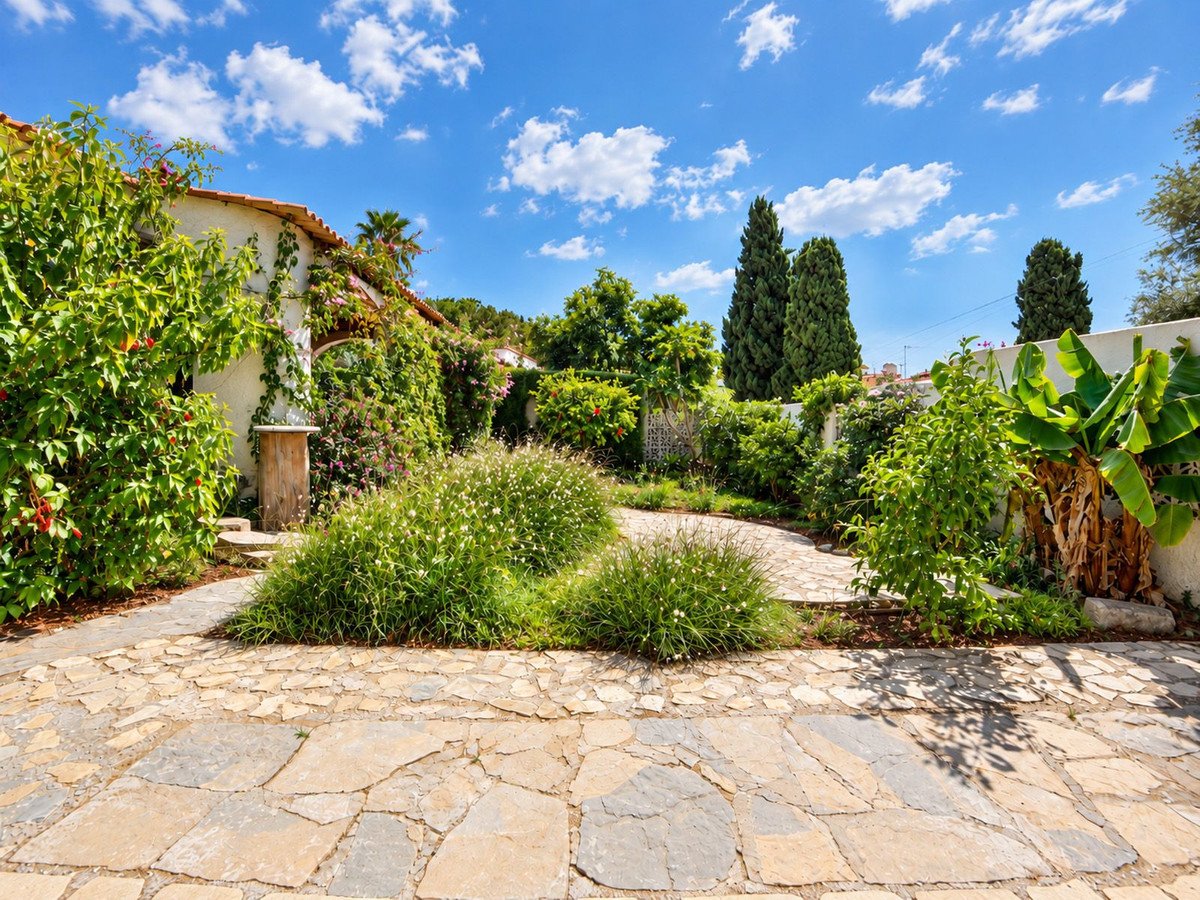 A stone pathway winds through a lush, green garden with abundant vegetation under a bright blue sky with fluffy clouds.