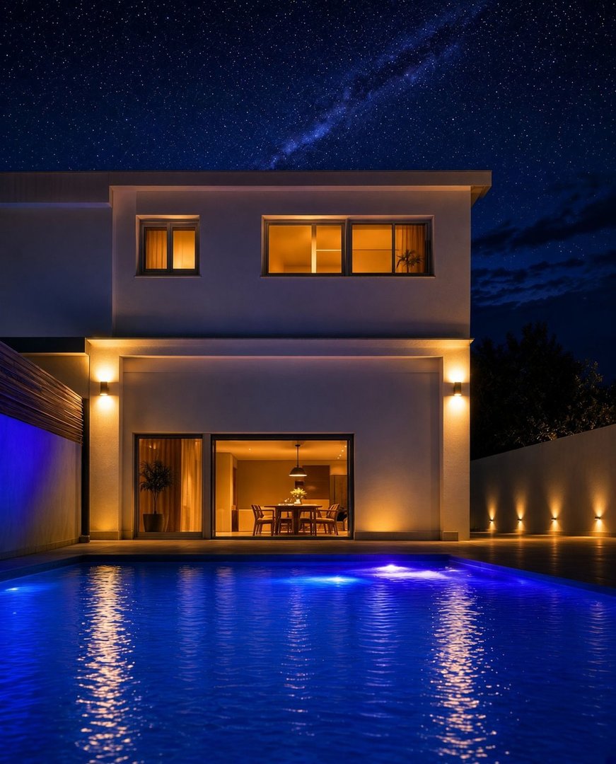 Modern house at night with a glowing swimming pool and visible dining area through large glass doors.
