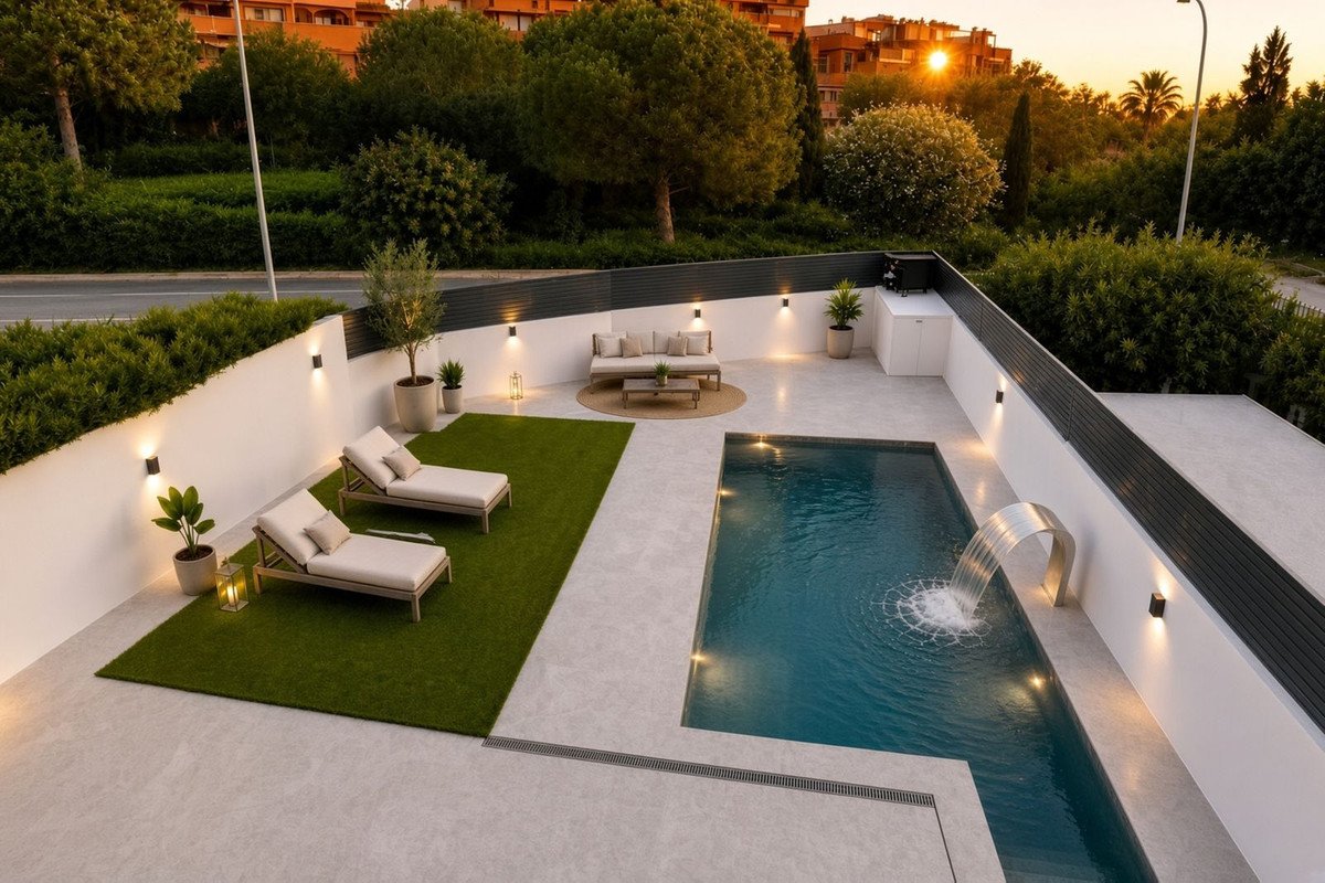 Modern outdoor living space with a swimming pool, waterfall feature, lounge chairs, and outdoor sofa at sunset.