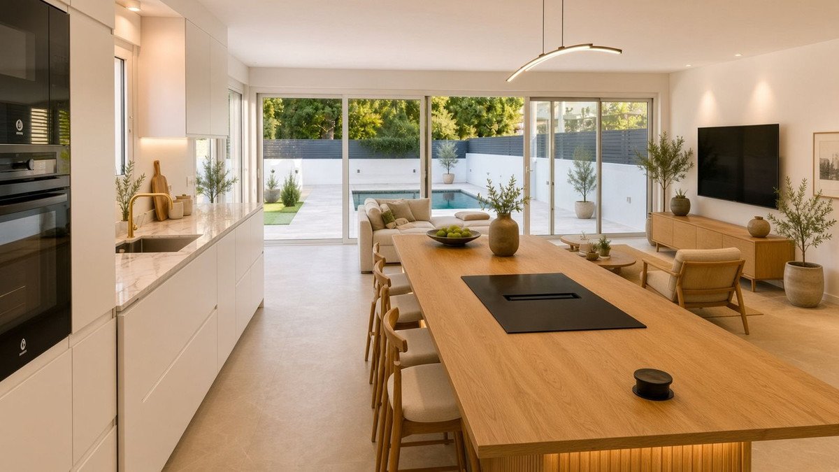 Modern open-plan living area with a sleek kitchen, large island, comfortable sofa, and a view of the backyard pool.